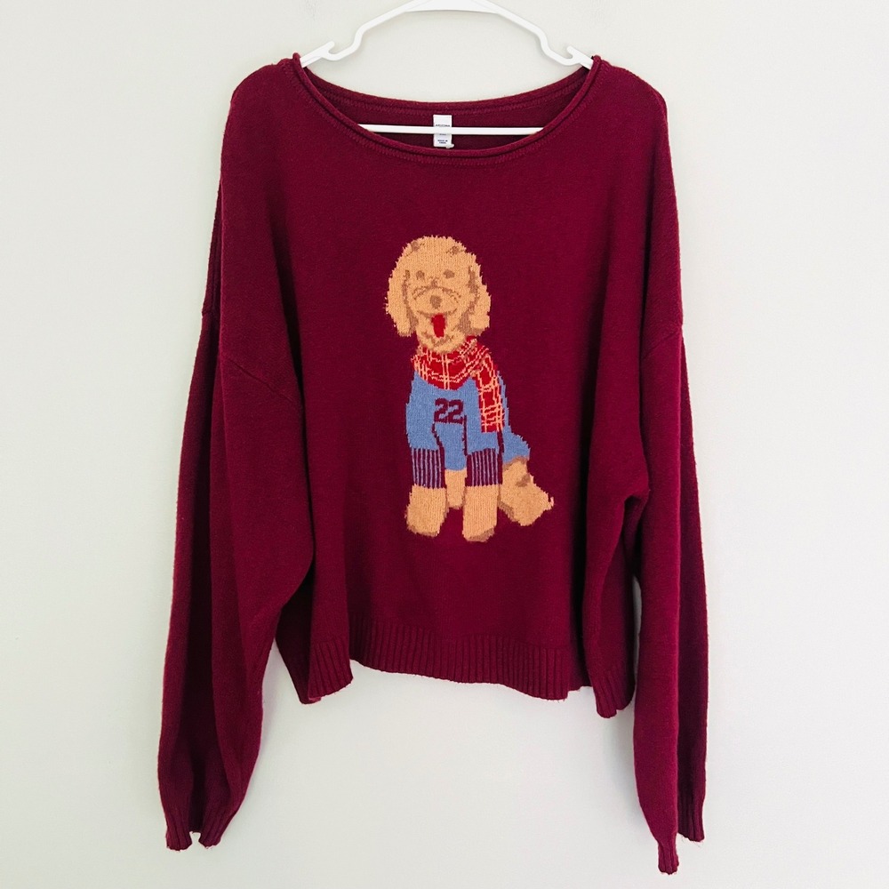 Arizona Jean Co Kids XXL Burgundy Dog Graphic Knit Sweater Maroon Relaxed Fit